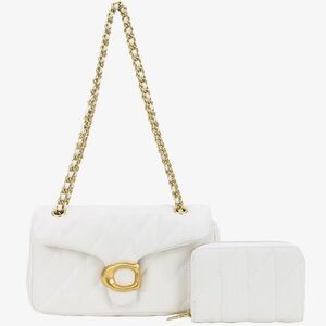 2 in 1 Classic Fashion Quilted White Shoulder Bag with Gold Chain and Clasp
